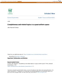 Completeness and Related Topics in a Quasi-Uniform Space