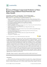 Review of Nitrogen Compounds Prediction in Water Bodies Using Artiﬁcial Neural Networks and Other Models