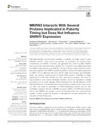 MKRN3 Interacts with Several Proteins Implicated in Puberty Timing but Does Not Influence GNRH1 Expression