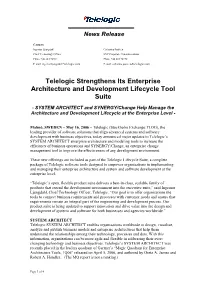 Telelogic Strengthens Its Enterprise Architecture and Development Lifecycle Tool Suite
