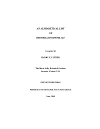 An Alphabetical List of Bromeliad Binomials
