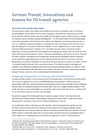 German Transit, Innovations and Lessons for US Transit Agencies