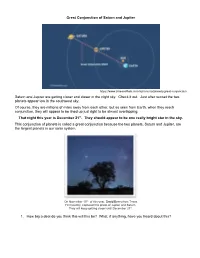 Great Conjunction of Saturn and Jupiter Saturn and Jupiter Are
