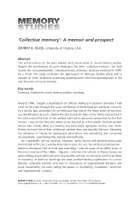 Collective Memory’: a Memoir and Prospect
