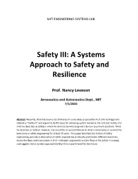 Safety III: a Systems Approach to Safety and Resilience