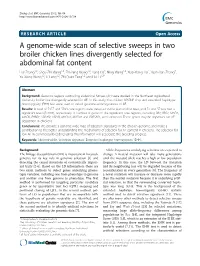 A Genome-Wide Scan of Selective Sweeps in Two Broiler Chicken Lines Divergently Selected for Abdominal Fat Content