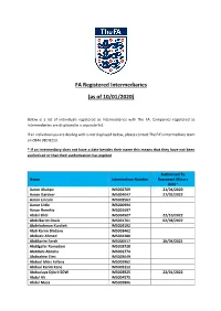 FA Registered Intermediaries (As of 10/01/2020)