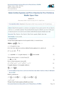 Klein-Gordon Equation and Wave Function for Free Particle in Rindler Space-Time