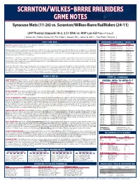Scranton/Wilkes-Barre Railriders Game Notes Syracuse Mets (11-26) Vs