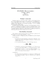 ECON2001 Microeconomics Lecture Notes Budget Constraint
