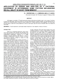 Application of Design and Analysis of 23 Factorial Experiment in Determining Some Factors Influencing Recall Ability in Short Term Memory