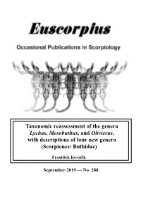 Taxonomic Reassessment of the Genera Lychas, Mesobuthus, and Olivierus, with Descriptions of Four New Genera (Scorpiones: Buthidae)