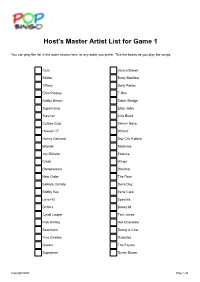 Host's Master Artist List for Game 1