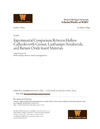 Experimental Comparison Between Hollow Cathodes with Cermet, Lanthanum Hexaboride, and Barium Oxide Insert Materials