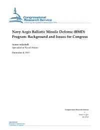 Navy Aegis Ballistic Missile Defense (BMD) Program: Background and Issues for Congress