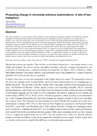 Proposing Change in University Entrance Examinations: a Tale of Two Metaphors David Allen Allen.David@Ocha.Ac.Jp Ochanomizu University