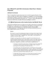 Key Official US and IAEA Statements About Iran's Nuclear Programs