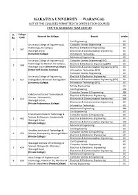 Kakatiya University : : Warangal List of the Colleges Permitted to Offer B.Tech Courses for the Academic Year 2019‐20