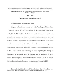 Doctrine, Law and Practice in Light of Mitis Iudex and Amoris Laetitia”