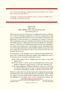 The Archimedes Palimpsest Edited by Reviel Netz, William Noel, Natalie Tchernetska, and Nigel Wilson Cambridge: Cambridge Unive