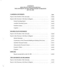 Contents Minutes of a Regular Meetin G the University of Oklahoma Board of Regent S July 19, 199 9