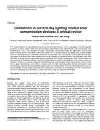 Limitations in Current Day Lighting Related Solar Concentration Devices: a Critical Review