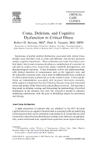 Coma, Delirium, and Cognitive Dysfunction in Critical Illness Robert D