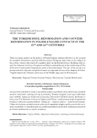 The Turkish Issue, Reformation and Counter- Reformation in Polish-English Contacts in the 15Th and 16Th Centuries