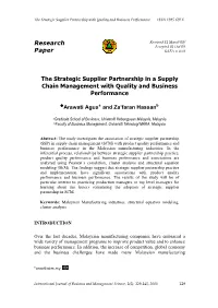The Strategic Supplier Partnership in a Supply Chain Management with Quality and Business Performance