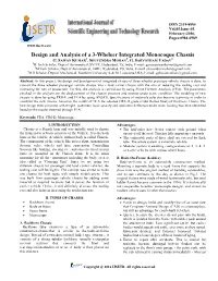 Design and Analysis of a 3-Wheleer Integrated Monocoque Chassis 1 2 3 G