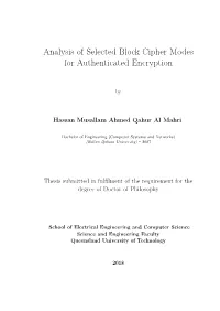 Analysis of Selected Block Cipher Modes for Authenticated Encryption