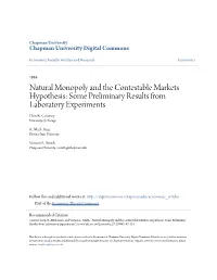 Natural Monopoly and the Contestable Markets Hypothesis: Some Preliminary Results from Laboratory Experiments Don R