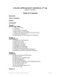 COLOR APPEARANCE MODELS, 2Nd Ed. Table of Contents