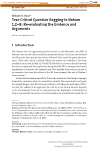 Text-Critical Question Begging in Nahum 1,2–8: Re-Evaluating the Evidence and Arguments