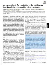 An Essential Role for Cardiolipin in the Stability and Function of the Mitochondrial Calcium Uniporter