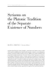 Syrianus on the Platonic Tradition of the Separate Existence of Numbers