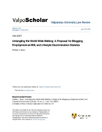 Untangling the World Wide Weblog: a Proposal for Blogging, Employment-At-Will, and Lifestyle Discrimination Statutes