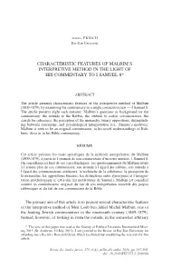 Characteristic Features of Malbim’S Interpretive Method in the Light of His Commentary to I Samuel 8*