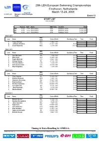 Women's 100M Freestyle Heats Event 13 START LIST Liste De Départ