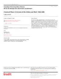 Classical Music Criticism at the Globe and Mail: 1936-2000 Colin Eatock