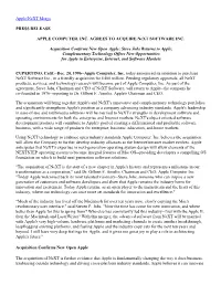 APPLE COMPUTER, INC. AGREES to ACQUIRE Next SOFTWARE INC