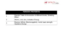 PERIODIC PROPERTIS 1 Periodic Table & Introduction of Different Blocks, Shielding Effect 2 Atomic, Ionic Size, Ionisation E