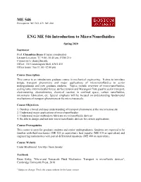 ENG ME 546 Introduction to Micro/Nanofluidics
