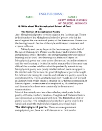 The Metaphysical Poets Were Men of Learning and to Show Their Learning Was Their Chief Object