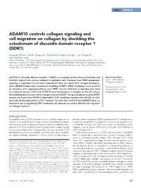 ADAM10 Controls Collagen Signaling and Cell Migration on Collagen by Shedding the Ectodomain of Discoidin Domain Receptor 1 (DDR1)