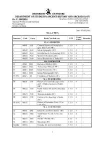 UNIVERSITY of MYSORE DEPARTMENT of STUDIES in ANCIENT HISTORY and ARCHAEOLOGY Dr