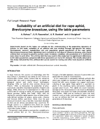 Suitability of an Artificial Diet for Rape Aphid, Brevicoryne Brassicae, Using Life Table Parameters