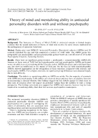 Theory of Mind and Mentalizing Ability in Antisocial Personality Disorders with and Without Psychopathy