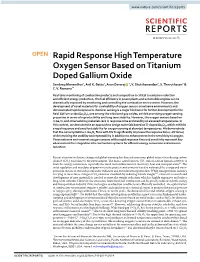 Rapid Response High Temperature Oxygen Sensor Based on Titanium Doped Gallium Oxide Sandeep Manandhar1, Anil K