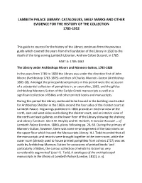 Catalogues, Shelf Marks and Other Evidence for the History of the Collection 1785-1952